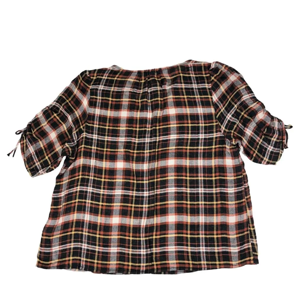 NEW Madewell Plaid Puffed Cinch Sleeve Top V Neck Blouse Womens Small